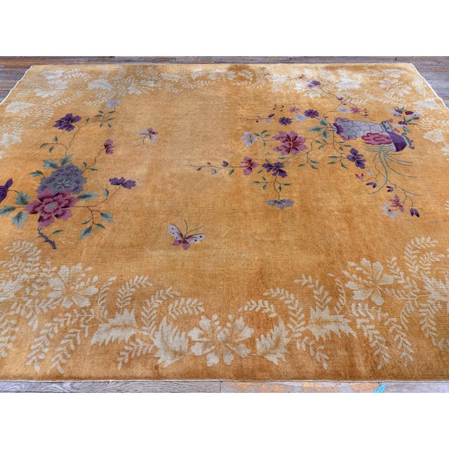 1920s Antique Yellow Field Flowers Border Knotted Chinese Art Deco Carpet Rug For Sale - Image 4 of 6