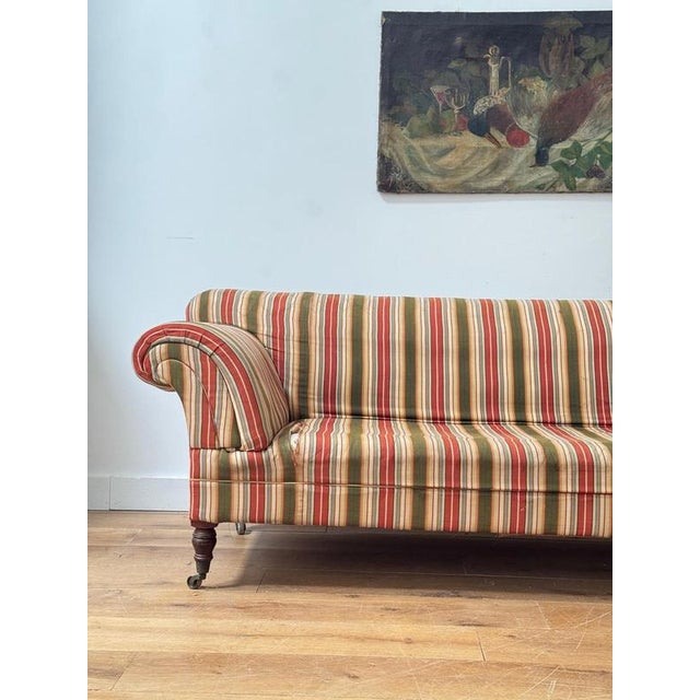 English Country House Deep Striped Scrolling Sofa For Sale - Image 5 of 10