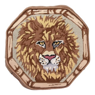 Vintage Lion Needlepoint Pillow With Velvet Backing For Sale