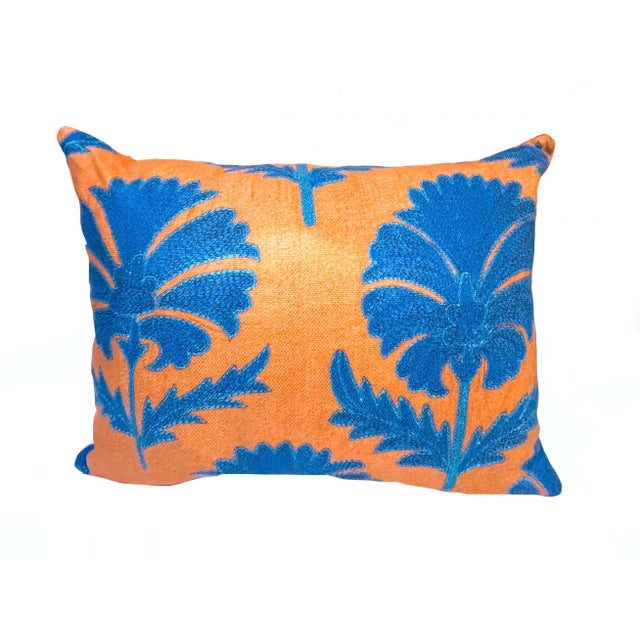 Modern Cerulean Blue on Tan Suzani Pillow - Down Filled For Sale - Image 3 of 11