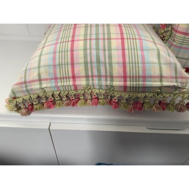 Pair of Custom Celery & Pink With Zipper Covers, Down Inserts Included For Sale - Image 4 of 4