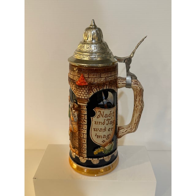 Metal Vintage Gerz West Germany Medieval Relief Beer Stein With Pewter Lid – 9.5” For Sale - Image 7 of 12