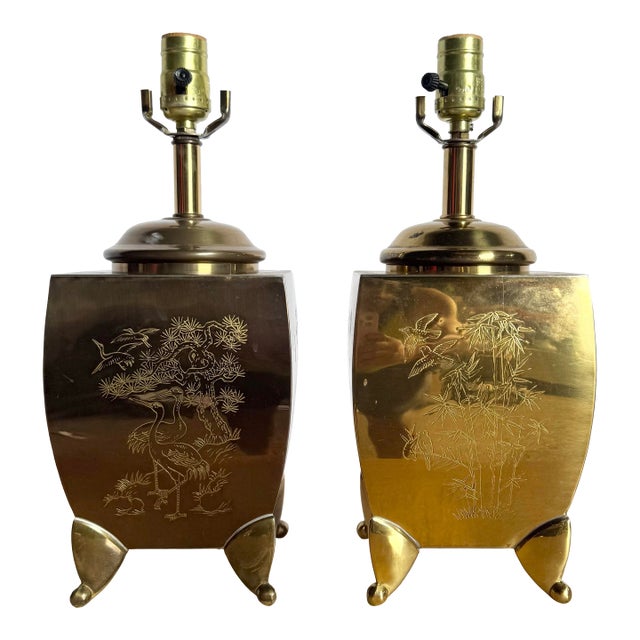 Vintage Chinoiserie Brass Engraved Tiger Table Lamps - A Pair For Sale