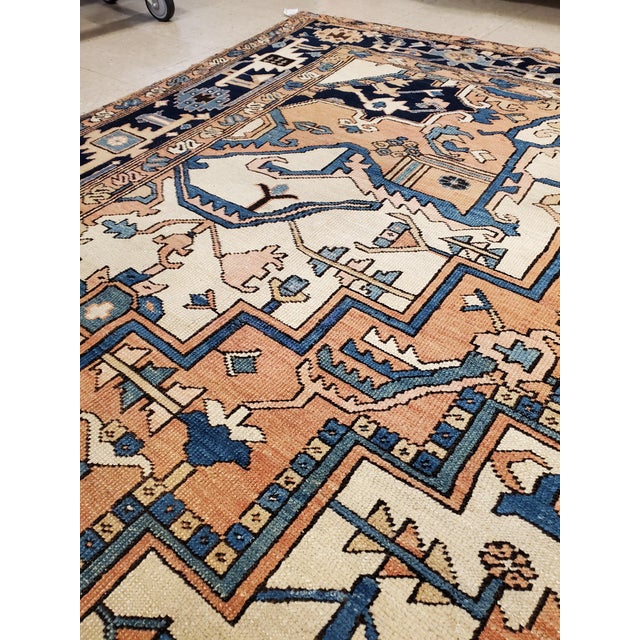 Brown Antique Persian Serapi Carpet, Geometric, Ivory Hand Knotted Wool Oriental Rug For Sale - Image 8 of 18