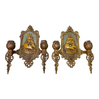 Antique Lincoln Spanish Galleon Electric Wall Sconces Fixtures Ship - a Pair For Sale