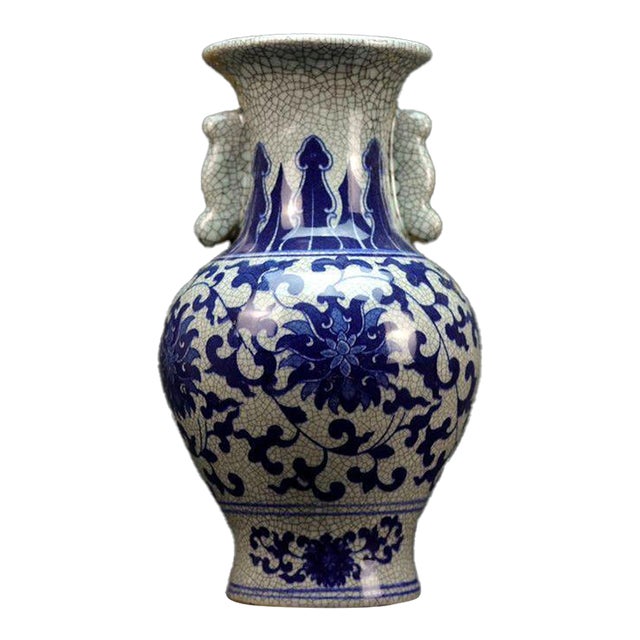 Large Chinese Blue and White Vase With Crackle Glaze and Handles For Sale