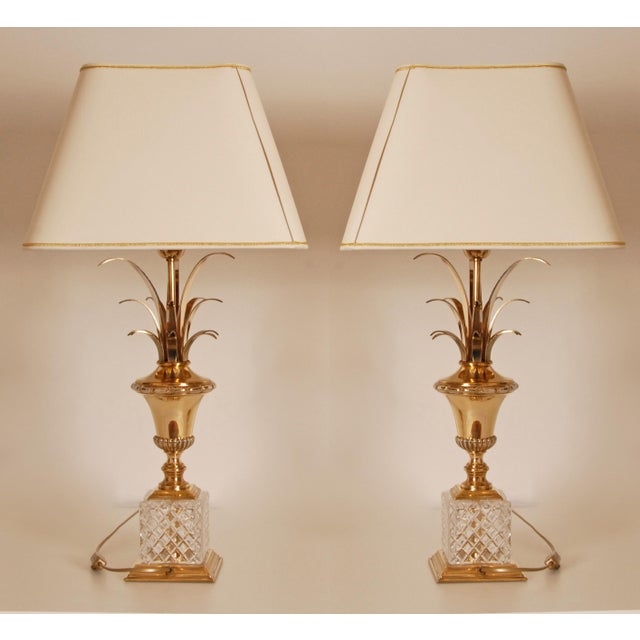 1970s 1970s Mid Century French Table Lamps Crystal and Gold Brass Reed Modern Lamps - A Pair For Sale - Image 5 of 12