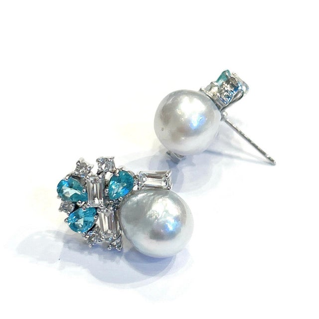 Bochic “Orient” Pearls, Topaz & Blue Appetite Earrings Set 18K Gold & Silver Natural Blue Appetite, Pear Shape - 4.50...