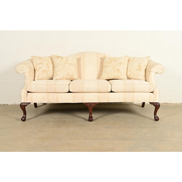 Ethan Allen Chippendale Carved Mahogany Upholstered Camelback Sofa For Sale - Image 13 of 13