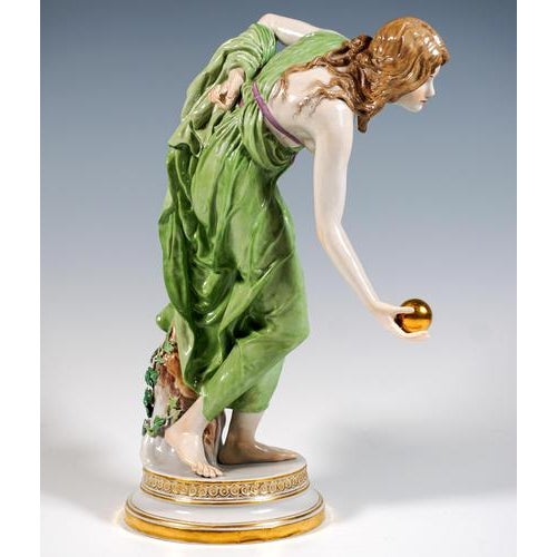 Extremely decorative, fully sculptural representation of an art nouveau beauty in a softly falling robe, tilted forward to...