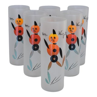 Vintage 1950s Federal Glass Hey Wait for Me Tall Frosted Tom Collins Zombie Tumblers- Set of 6 For Sale