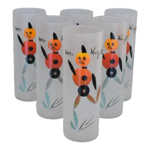 Vintage 1950s Federal Glass Hey Wait for Me Tall Frosted Tom Collins Zombie Tumblers- Set of 6
