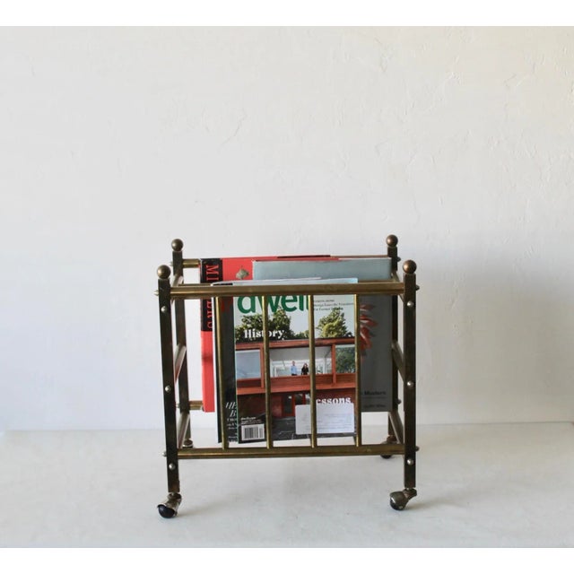Hollywood Regency Brass Canterbury Book Magazine Rack Crate With Ball Castor Sphere Finials Detail Vintage For Sale - Image 9 of 10