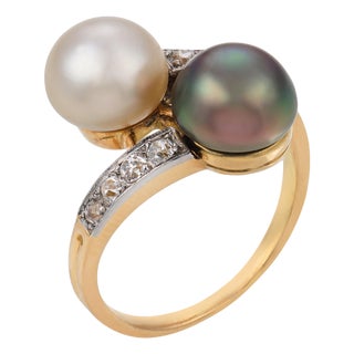 1910s Edwardian Natural Pearl Diamond 18k Yellow Gold Toi Et Moi Ring, Size 6.75 For Sale