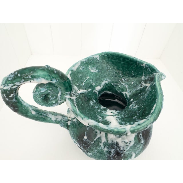 Vintage Sculptural Green Lava Glaze Ceramic Ewer With Scroll Handle For Sale - Image 11 of 18