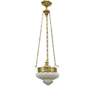 Art Nouveau Secession Pendant Light in Brass and Opaline Glass, Czechoslovakia, 1900s For Sale
