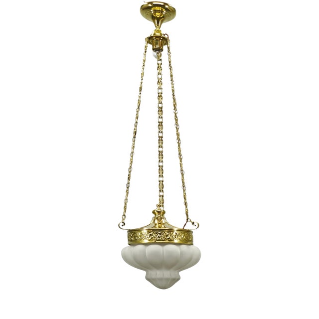 Art Nouveau Secession Pendant Light in Brass and Opaline Glass, Czechoslovakia, 1900s For Sale