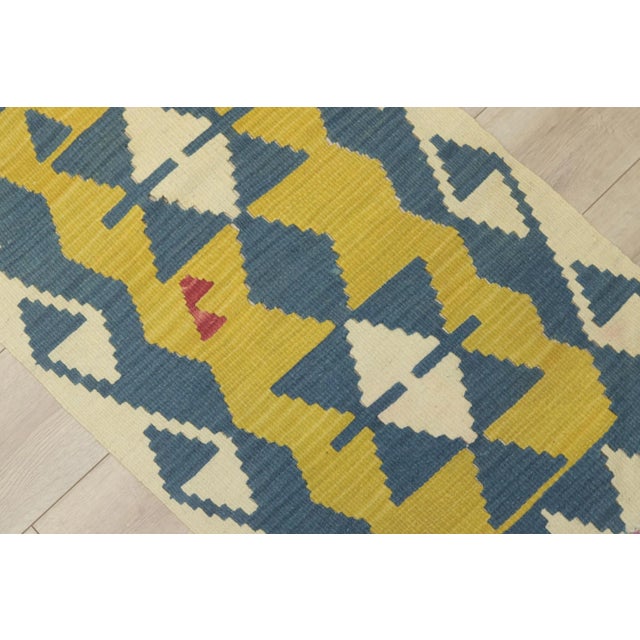 1960s Traditional Geometric Blue and Yellow Cappadocia Kilim Rug For Sale - Image 9 of 13