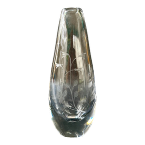 Signed Kosta Sweden H3053 Crystal Bud Vase With Etched Wildflowers, Circa 1960s