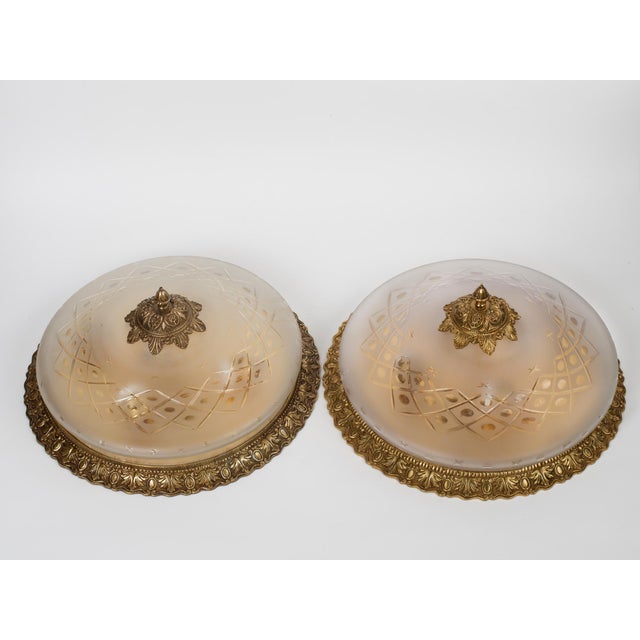 1950s Brass & Glass Flush Mount Fixture - A Pair For Sale - Image 4 of 11