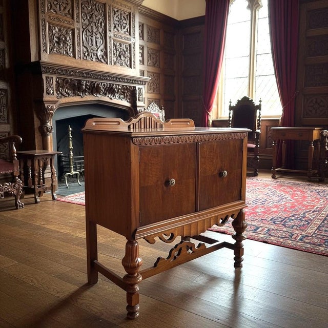 Wood Antique Jacobean Revival Cabinet Sideboard Server Bar-Storage Buffet-Tudor-Entry For Sale - Image 7 of 12
