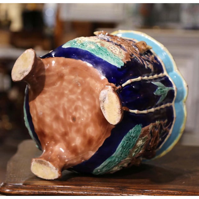 Blue 19th Century French Majolica Barbotine Cache Pot With Bird Relief Decor For Sale - Image 8 of 8