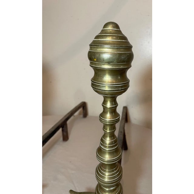 Pair of Turned 18th Century Peened Brass Wrought Iron Georgian Andirons 1700's For Sale - Image 4 of 15