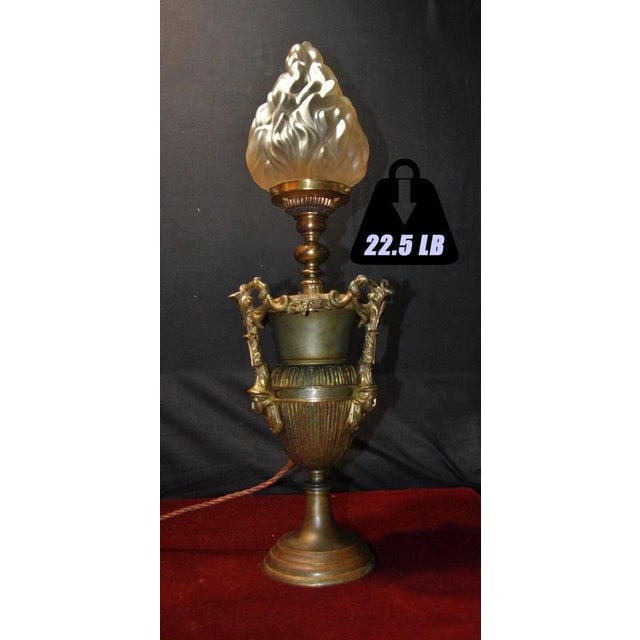 Gothic Revival Bronze Three-Handled Urn Table Lamp with Vianne Flame Shade For Sale - Image 5 of 18