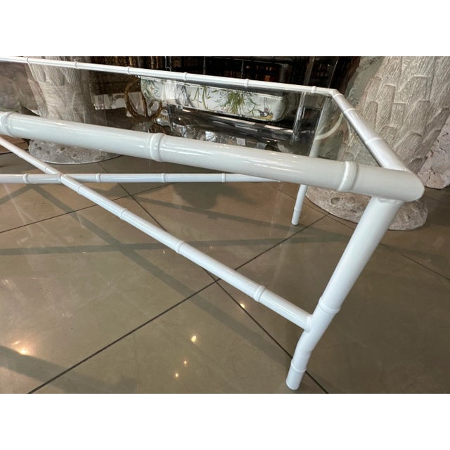 Vintage Faux Bamboo Patio Outdoor Metal Newly Powder-Coated White Coffee Cocktail Table For Sale - Image 10 of 12