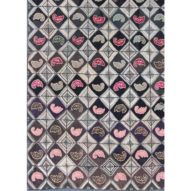 American Antique American Hooked Rug With Diamond Patchwork Geometric Leaf Design 9'2"x12'1" For Sale - Image 3 of 10