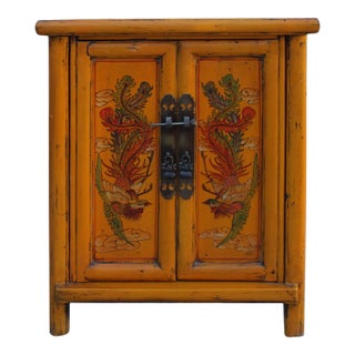 Oriental Distressed Orange Yellow Phoenix Flower End Table Nightstand For Sale