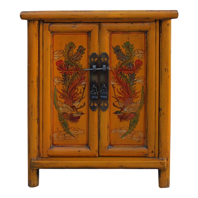 Oriental Distressed Orange Yellow Phoenix Flower End Table Nightstand For Sale