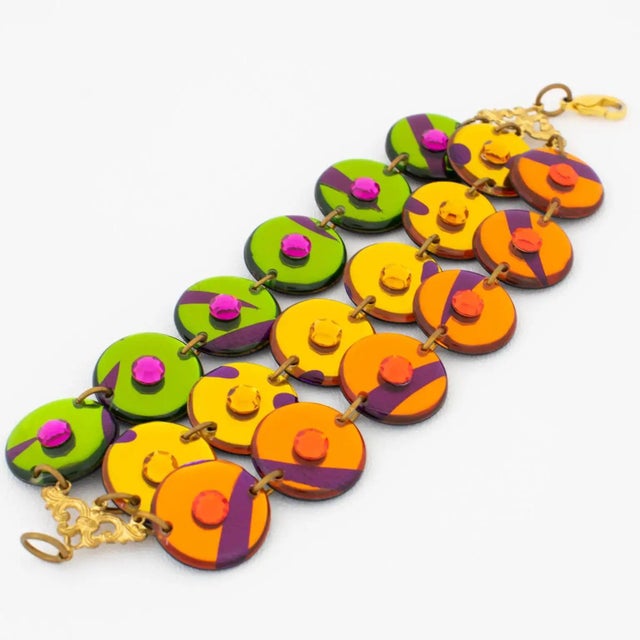 Green Multicolor Jeweled Lucite Geometric Link Bracelet For Sale - Image 8 of 8