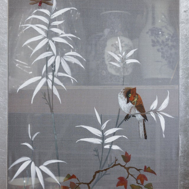 Black Vintage Chinese Hand-Painted Four-Panel Silk Folding Screen – Bamboo & Bird Motif For Sale - Image 8 of 13
