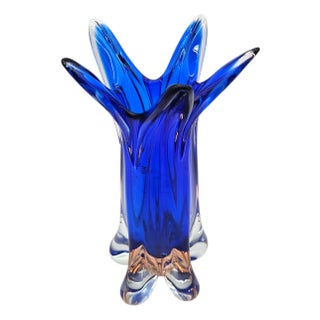 Czech Chribska Art Glass Vase by Josef Hospodka – Cobalt and Amber Sculptural Bohemian Design For Sale