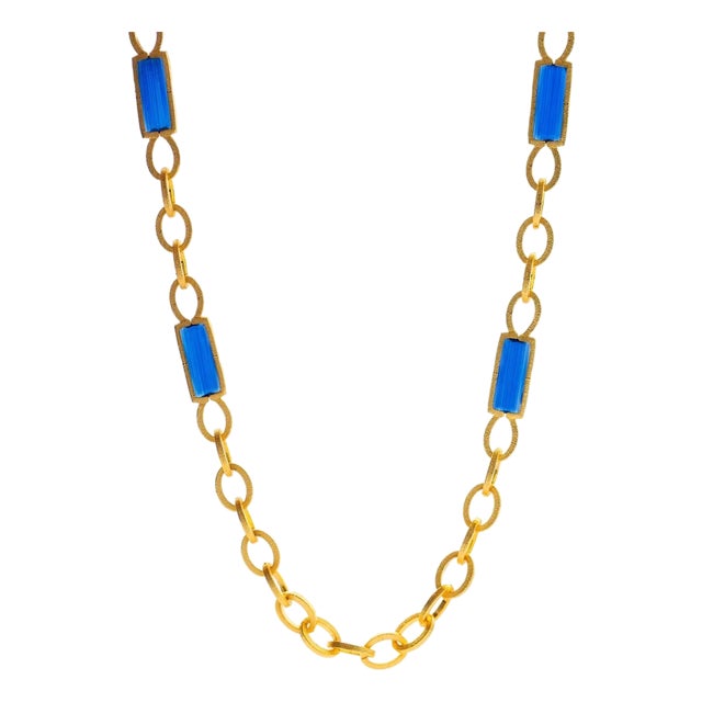 Versatile Glow Blue Cat Eye Gold Long Necklace For Sale