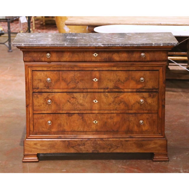 French 19th Century French Louis Philippe Burled Mahogany Commode With Marble Top For Sale - Image 3 of 9
