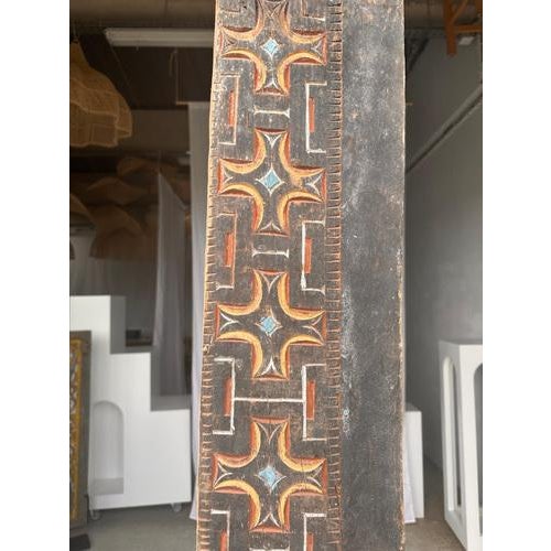Indonesian Construction Element in Carved Wood with Red, Blue and Yellow Geometric Frieze Mounted on a Base For Sale - Image 16 of 18