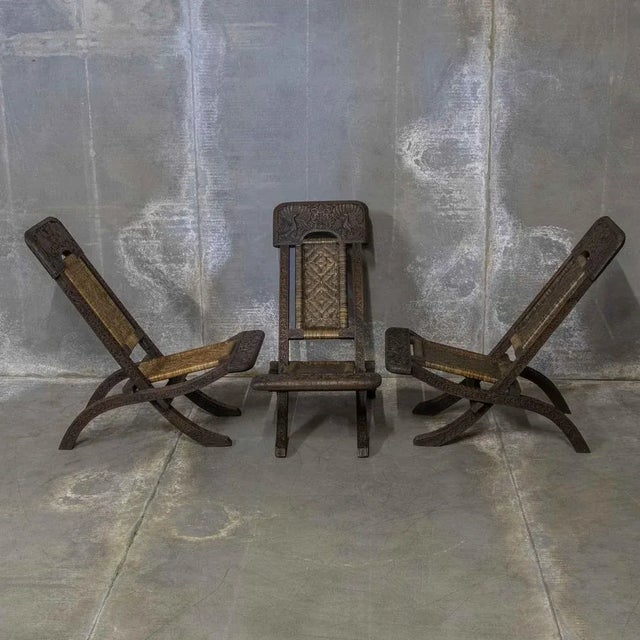 Brown Burmese Folding Chairs, 1890s, Set of 3 For Sale - Image 8 of 13