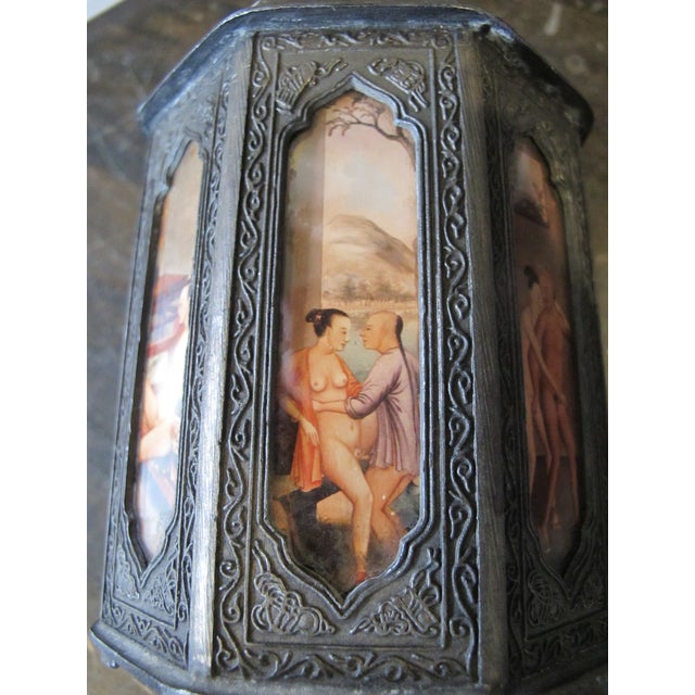 Chinese Pewter Octagonal Tea Caddy With Inset Painted Erotic Art Panels For Sale - Image 10 of 13