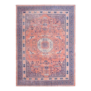Lovely Orange-Tangerine Background Color With Medallion-Crest Design Antique Chinese Kansu Small Rug For Sale