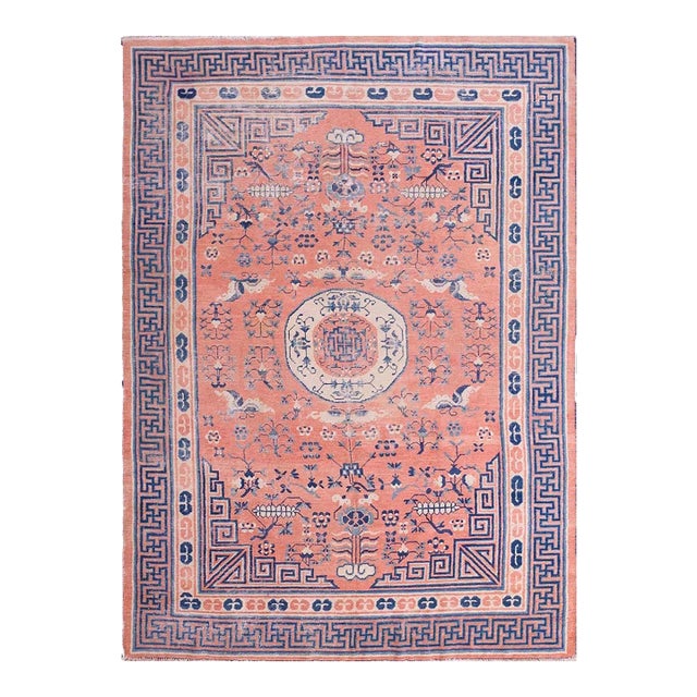 Lovely Orange-Tangerine Background Color With Medallion-Crest Design Antique Chinese Kansu Small Rug For Sale