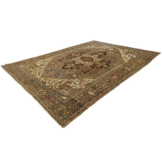 19th Century Antique Serapi Heriz Rug With Geometric Medallion in Camel For Sale - Image 11 of 12