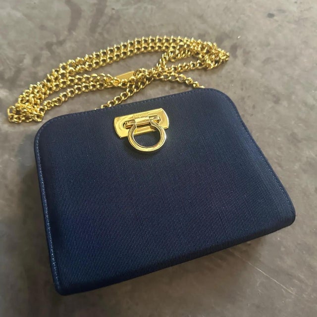 Contemporary 1990s Elegant Blue Fabric and Brass Belt Hand Bag by Salvatore Ferragamo For Sale - Image 3 of 11
