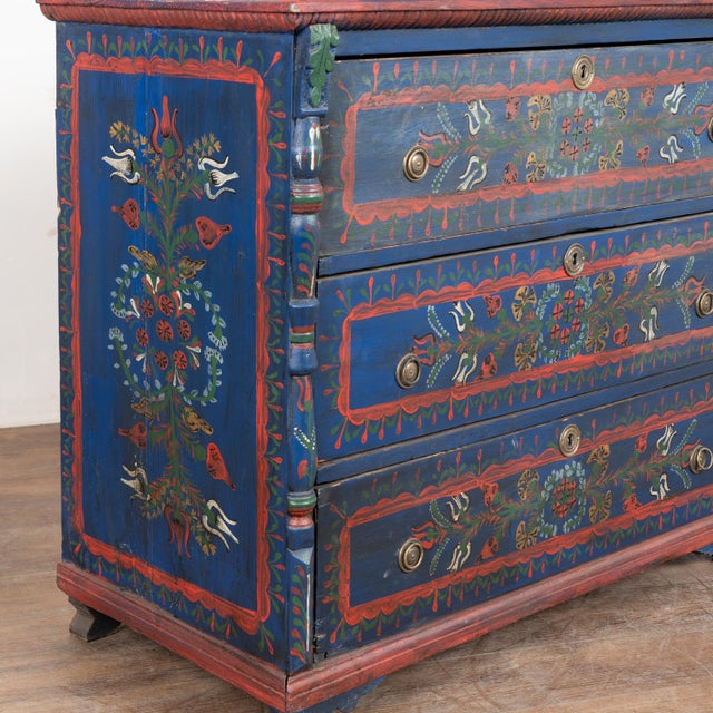 Late 19th Century Original Hand Painted Blue Blanket Chest of Three Drawers From Hungary For Sale - Image 11 of 18