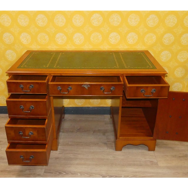 Edwardian English Desk in Yew Wood and Green Embossed Leather Top, 1960s For Sale - Image 6 of 16