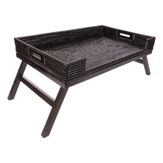 Artifacts Rattan Breakfast Tray/Table in Tudor Black with Glass For Sale