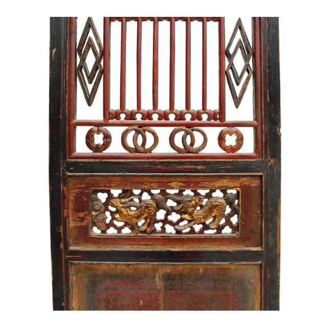 1950s Chinese Gold Red Brown Graphic Carving Wood Decor Panel For Sale - Image 5 of 8