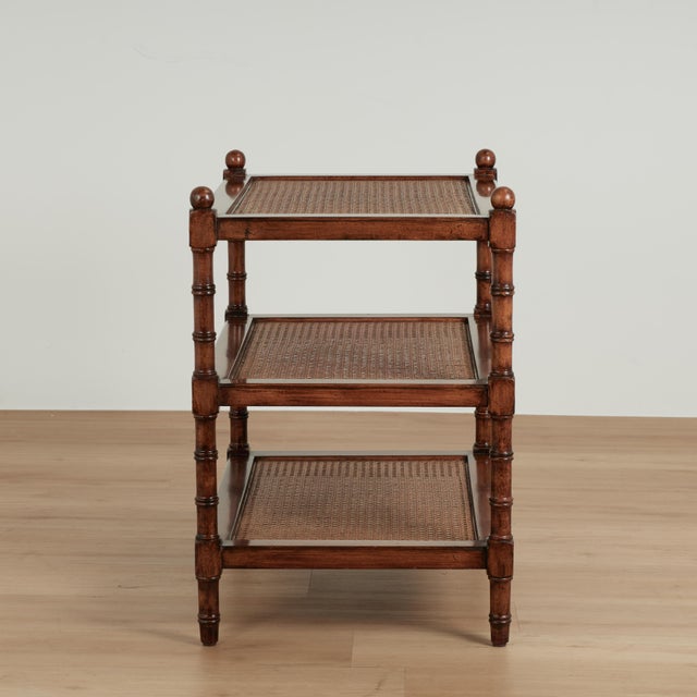 English Vintage Three Tiered Caned British Colonial Style Stand For Sale - Image 3 of 13