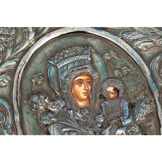 19th C. Greek Orthodox Icon, Theotokos With Christ Child — Hallmarked 950 Silver Repoussé Riza & Carved Baroque Frame, 15¾" H For Sale - Image 4 of 10